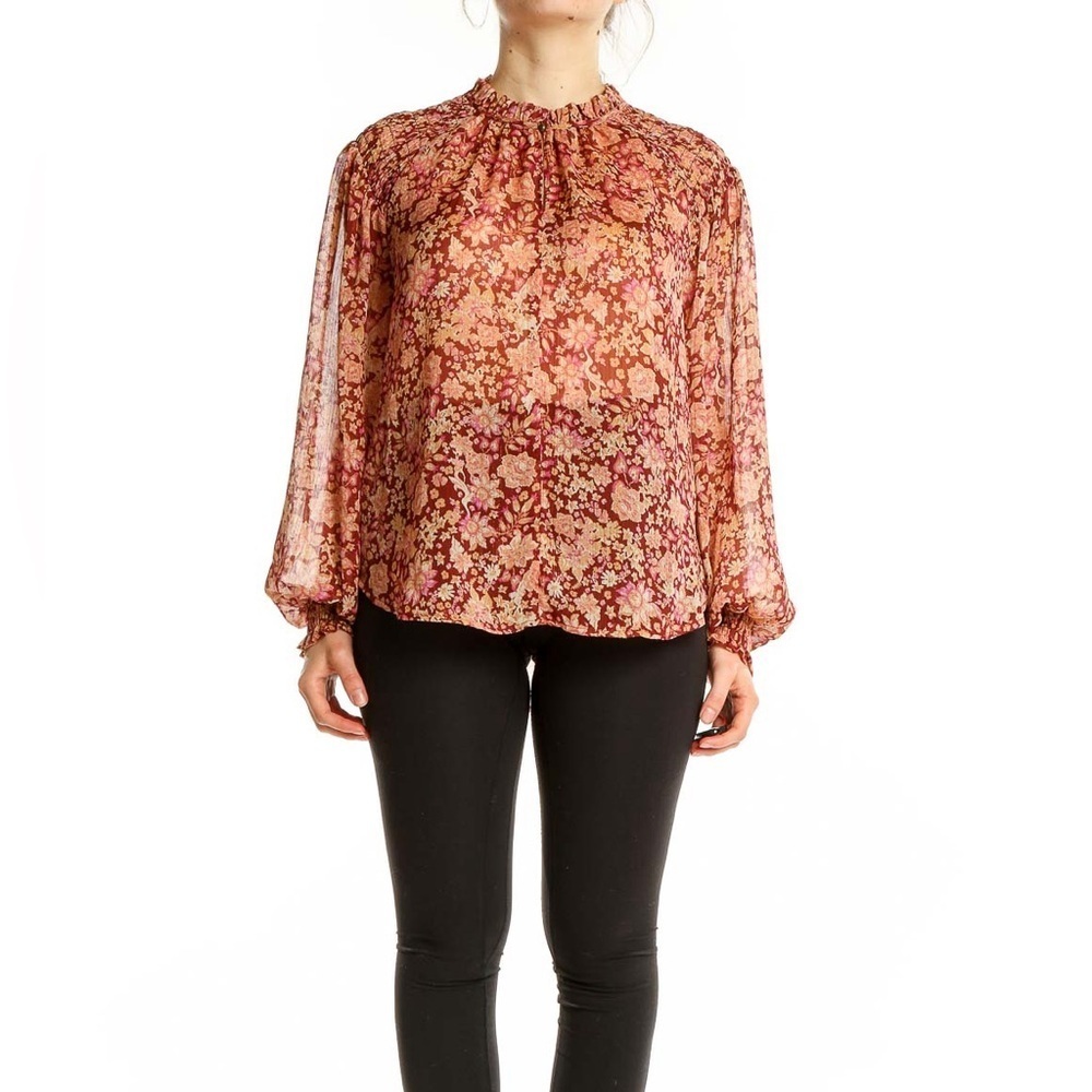 NEW JOIE Smocked Poets Blouse Floral boho Longsleeve Puff sheer red pink flowy S
